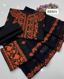 STuff Lawn Cotton Front Full Gala Panel Embroidery SHirt &amp; Sleeves Embroidery And Embroidert Trouser WIth Chiffon Embroidery Dupatta 3PC Dress