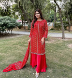 STuff SOft Crinkle Chiffon Front BAck Heavy Work Shirt Heavy Emb with Tilla Sequence Emb &amp; Pearls beats Work Dupatta And Kattan Silk Trouser 3PC Dress