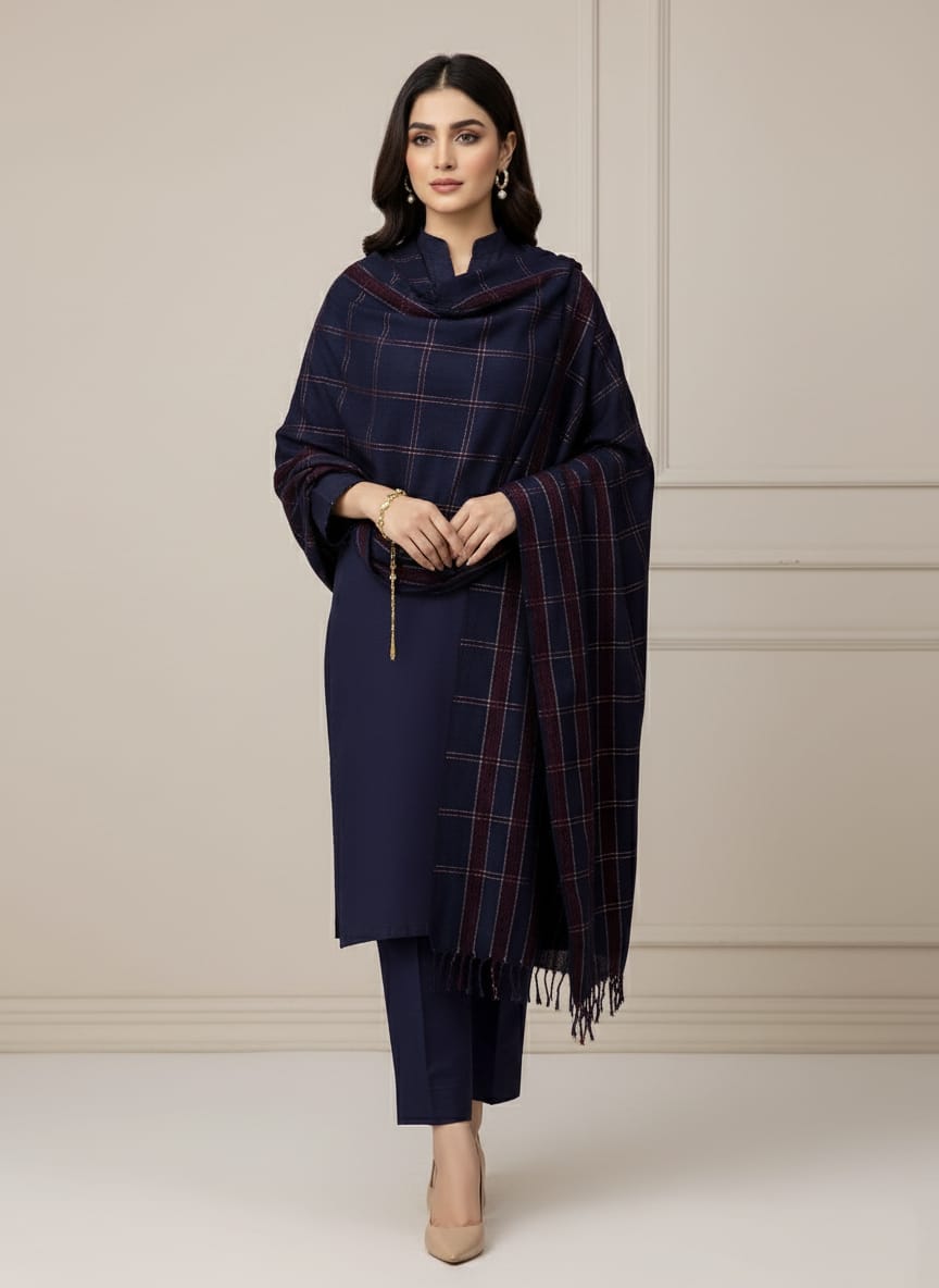 Stuff Dhanak Wool Velvet Bana dora style Shirt Plain Dhanak wool Trouser Along With Dhanak wool Velvet Motive Jall Shawl 3 Pcs Dress