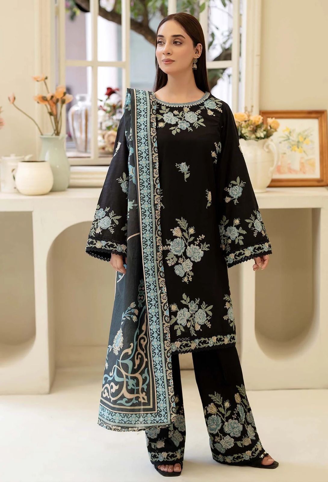 Stuff Cotton Cross Stich Front Full Gala Daman Embroidery Shirt And Embroidery TROUSER With Chiffon Beautiful Embroidery Dupatta 3PC Dress