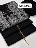 STuff Marina Plain Shirt And Trouser With Heavy indian broshia 3D Big sizes flowers Shawl 3PC Dress
