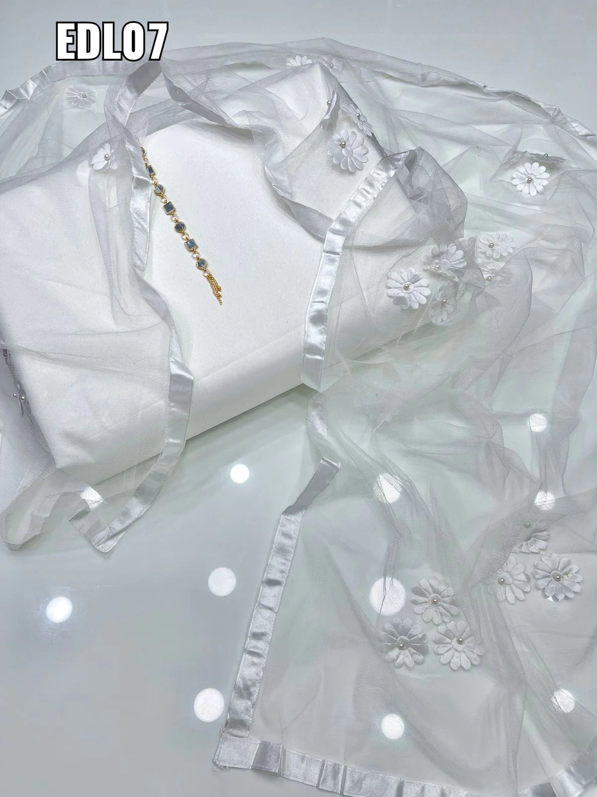 Fancy Collection Kataan Silk Shirt & Trouser With Neckline & Net Applic Work Dupatta 3pc Dress