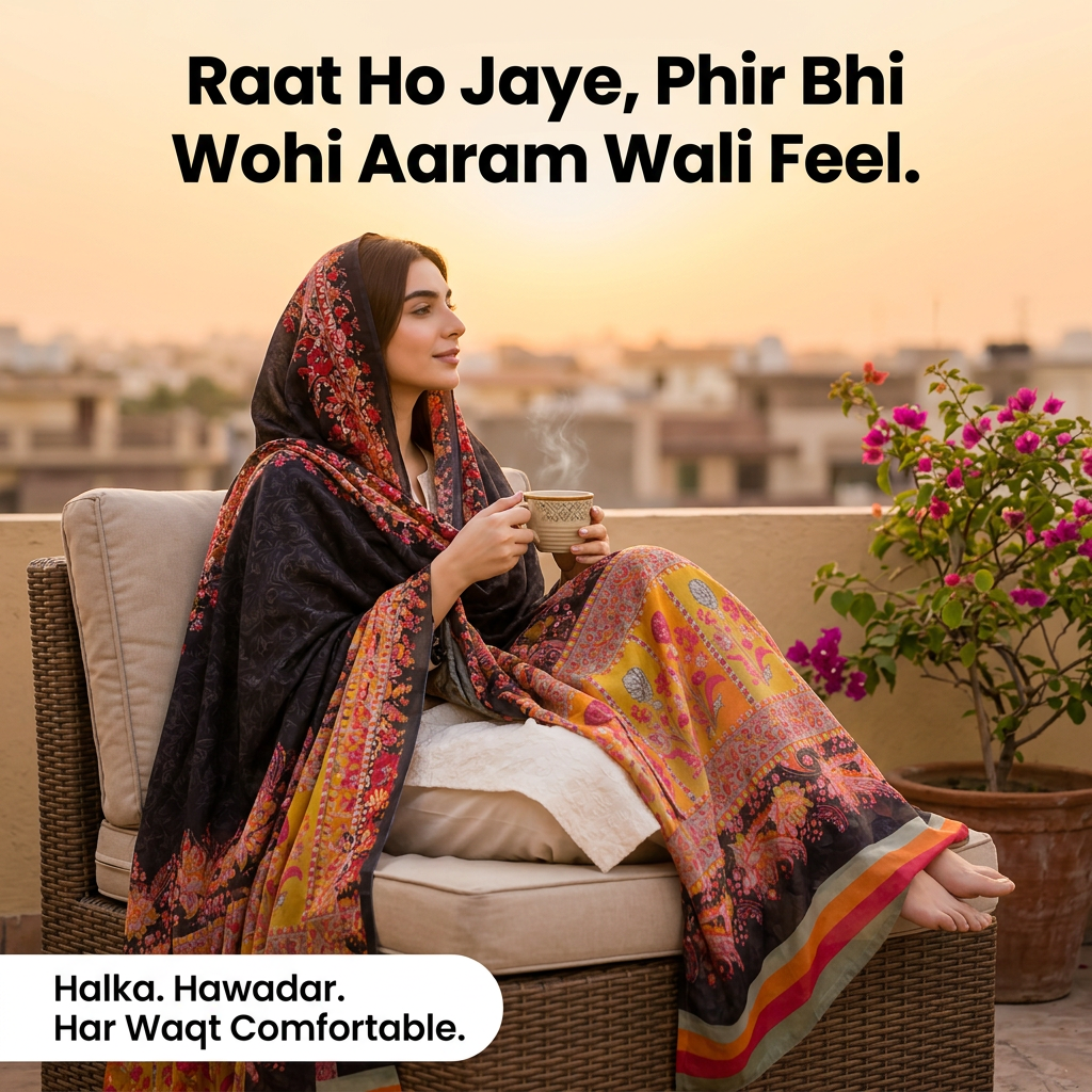 Charkha Pure Lawn Digital Print Chaddar CFA03 - sunset terrace end of day comfort