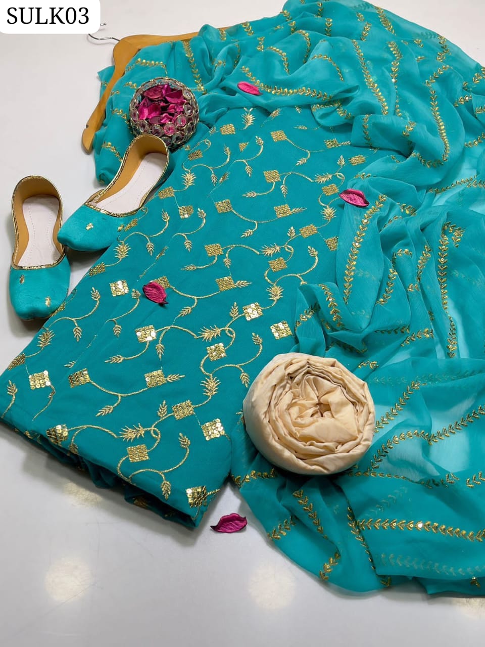 -Crinkle Chiffon Fabric All Over Front Back And Sleeves Sequence Jaal Shirt With Tilla And Sitara And Crinkle Chiffon Sequence Charri Dupatta Self Embossed Masuri Trouser 3PC Suit