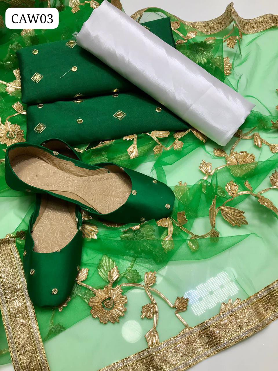 Paper Cotton Fabric Fancy Embroidery Work Shirt With Net Gota Work Dupatta And Kataan Silk Trouser 3pc Dress With Khussa